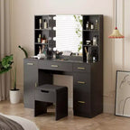 Ensemble de coiffeuse de ferme avec miroir lumineux, coiffeuse moderne de 141,5 cm avec prise de courant et étagères de rangement, table de maquillage pour femmes et jeunes filles