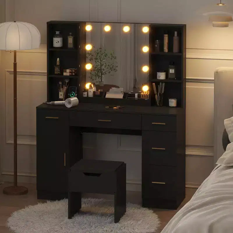 Ensemble de coiffeuse de ferme avec miroir lumineux, coiffeuse moderne de 141,5 cm avec prise de courant et étagères de rangement, table de maquillage pour femmes et jeunes filles