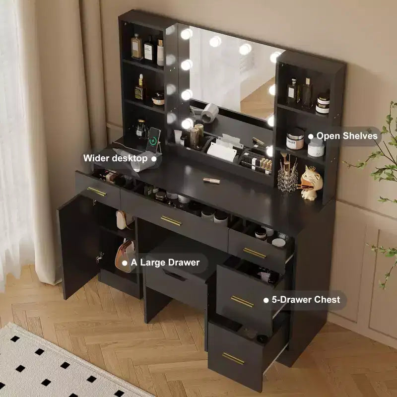 Ensemble de coiffeuse de ferme avec miroir lumineux, coiffeuse moderne de 141,5 cm avec prise de courant et étagères de rangement, table de maquillage pour femmes et jeunes filles