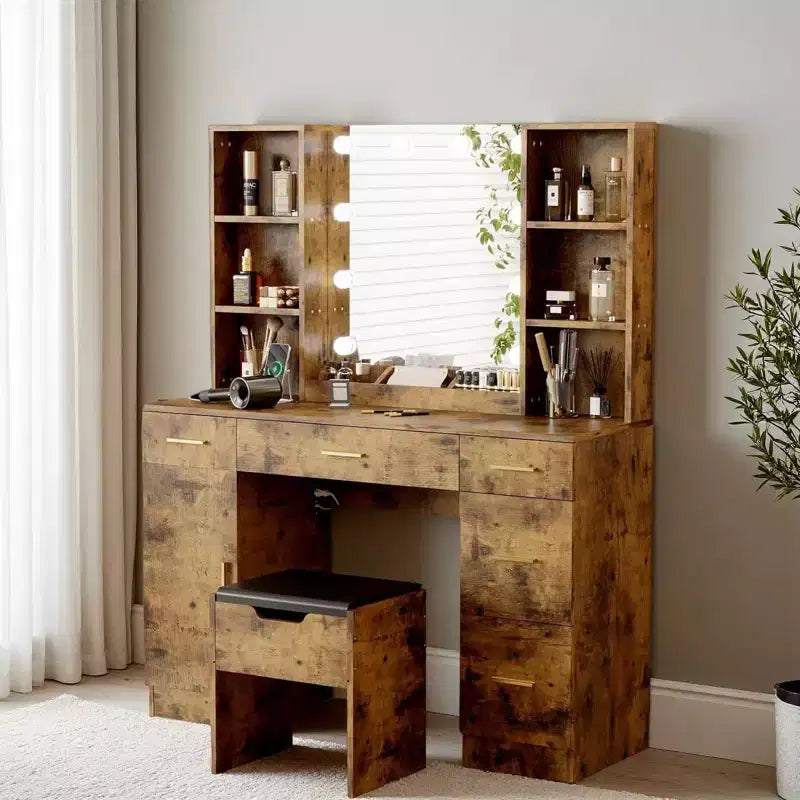 Ensemble de coiffeuse de ferme avec miroir lumineux, coiffeuse moderne de 141,5 cm avec prise de courant et étagères de rangement, table de maquillage pour femmes et jeunes filles