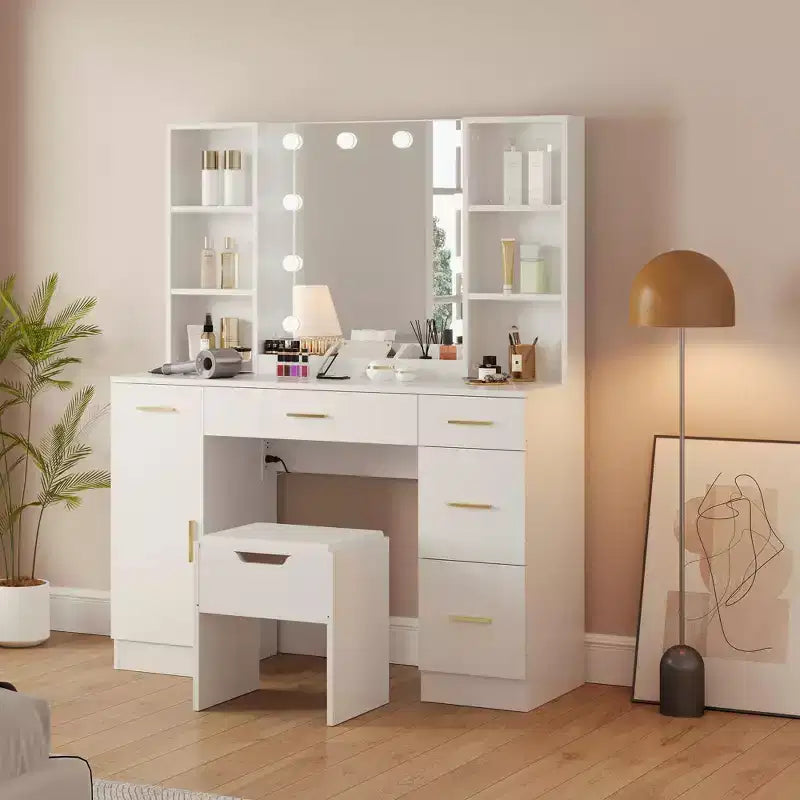 Ensemble de coiffeuse de ferme avec miroir lumineux, coiffeuse moderne de 141,5 cm avec prise de courant et étagères de rangement, table de maquillage pour femmes et jeunes filles