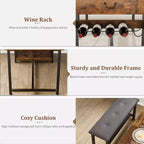 Ensemble table de salle à manger pour 4, table de salle à manger avec tiroirs de rangement et casier à vin, ensemble table de salle à manger de cuisine avec bancs rembourrés pour salle à manger - Gris