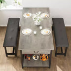 Ensemble table de salle à manger pour 4, table de salle à manger avec tiroirs de rangement et casier à vin, ensemble table de salle à manger de cuisine avec bancs rembourrés pour salle à manger - Gris