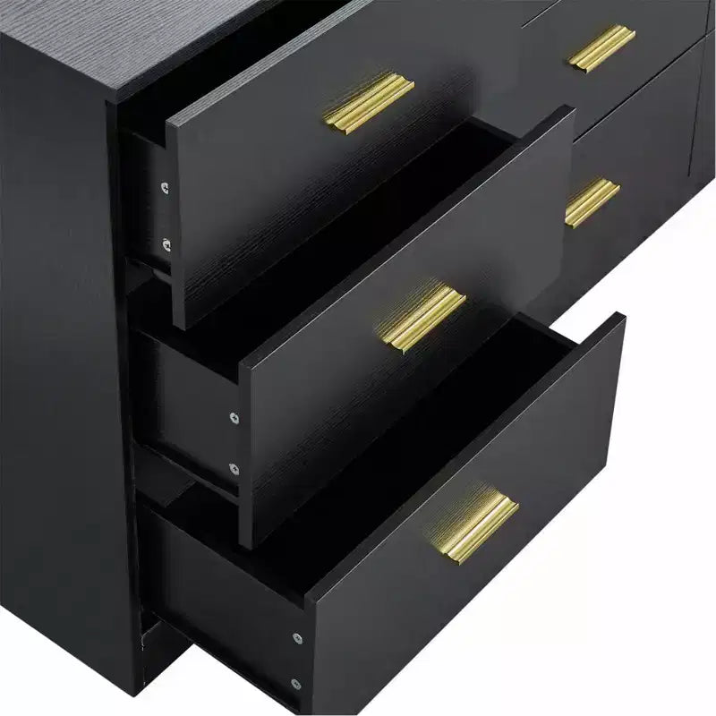 Commode Okak minimaliste moderne à 8/9 tiroirs avec poignées dorées, rangement spacieux et robuste pour chambre à coucher et salon