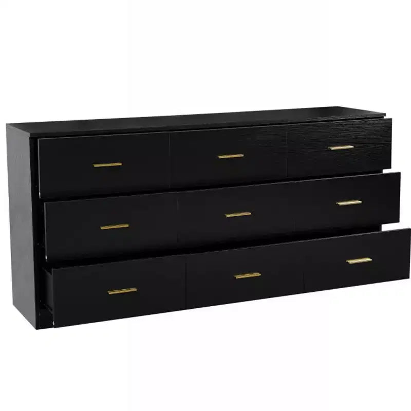 Commode Okak minimaliste moderne à 8/9 tiroirs avec poignées dorées, rangement spacieux et robuste pour chambre à coucher et salon