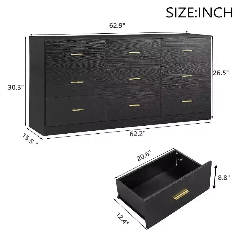 Commode Okak minimaliste moderne à 8/9 tiroirs avec poignées dorées, rangement spacieux et robuste pour chambre à coucher et salon