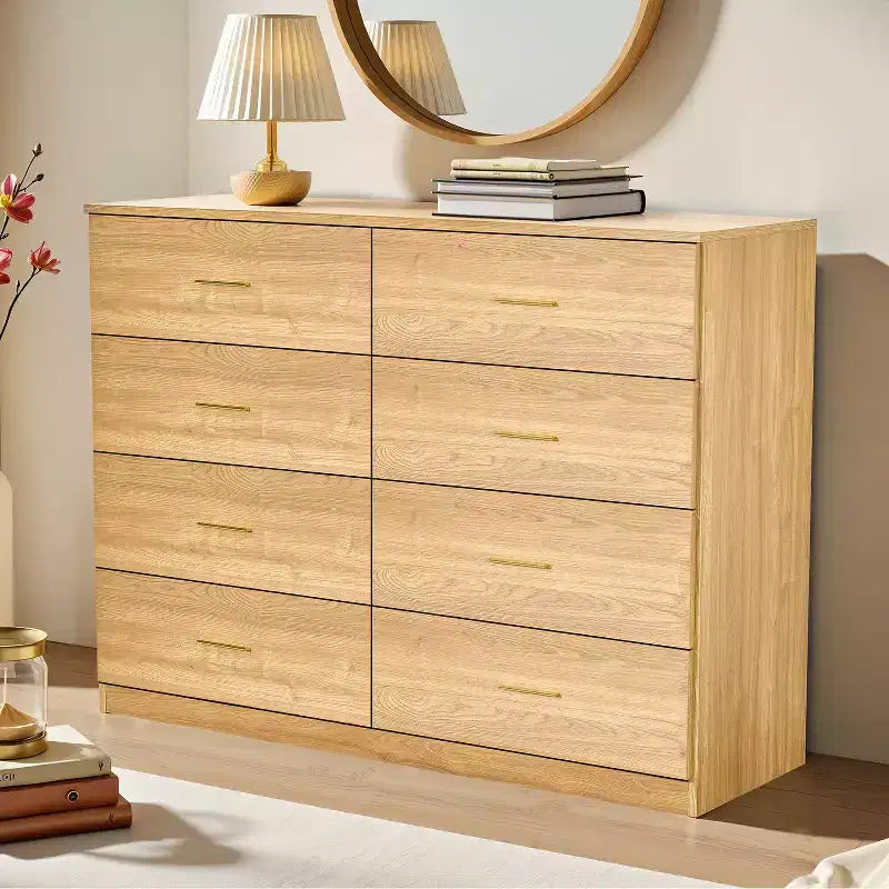 Commode Okak minimaliste moderne à 8/9 tiroirs avec poignées dorées, rangement spacieux et robuste pour chambre à coucher et salon