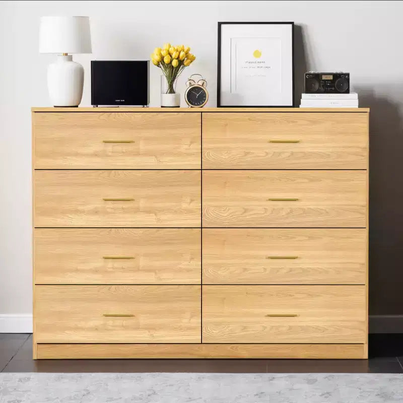 Commode Okak minimaliste moderne à 8/9 tiroirs avec poignées dorées, rangement spacieux et robuste pour chambre à coucher et salon