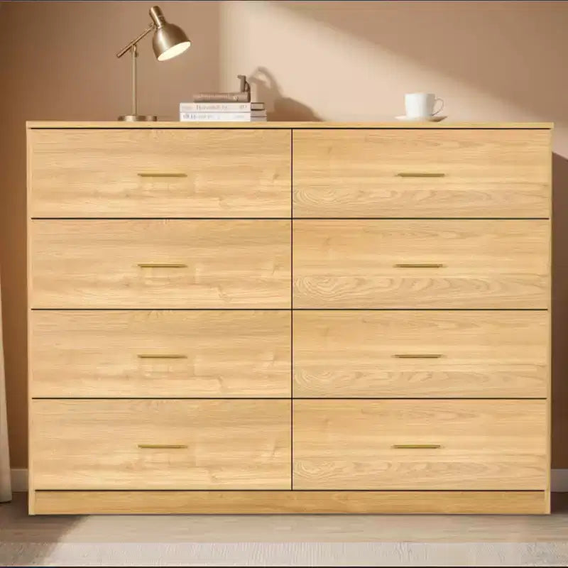 Commode Okak minimaliste moderne à 8/9 tiroirs avec poignées dorées, rangement spacieux et robuste pour chambre à coucher et salon