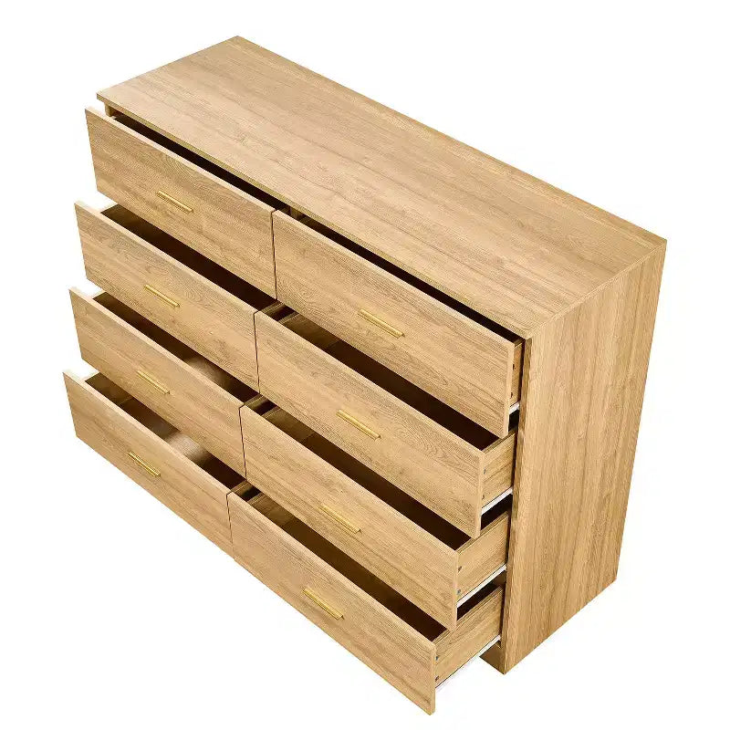 Commode Okak minimaliste moderne à 8/9 tiroirs avec poignées dorées, rangement spacieux et robuste pour chambre à coucher et salon