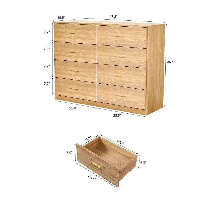 Commode Okak minimaliste moderne à 8/9 tiroirs avec poignées dorées, rangement spacieux et robuste pour chambre à coucher et salon