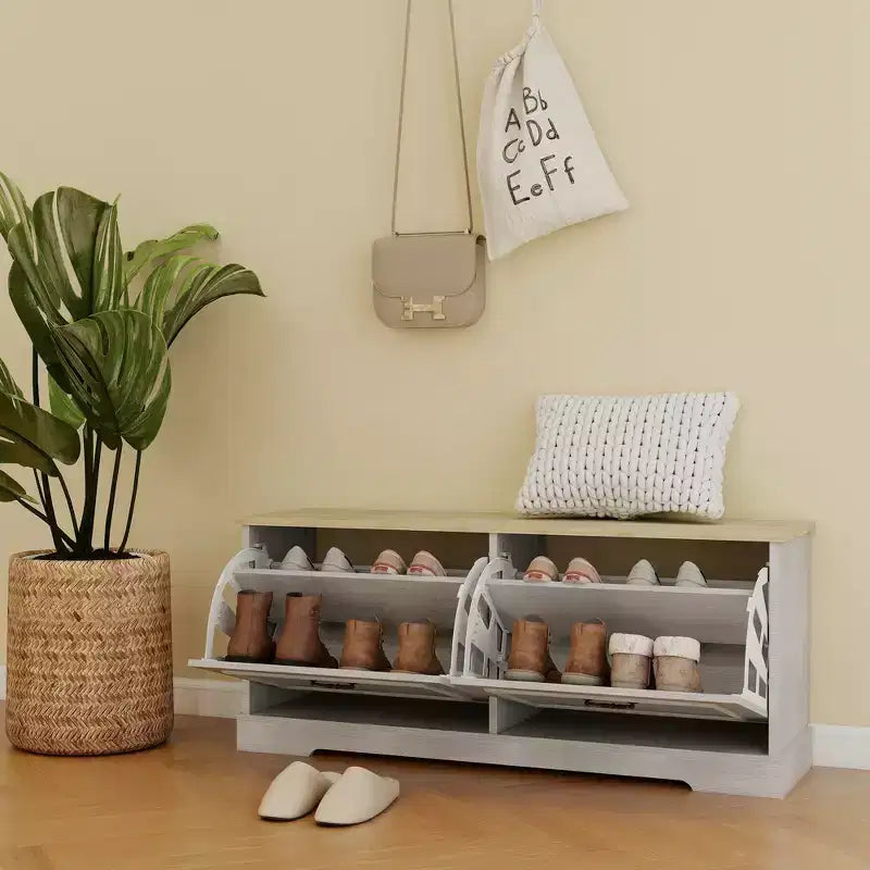 AndMakers Meuble à chaussures blanc antique de 45 cm H x 105 cm L avec 2 tiroirs basculants et une étagère réglable