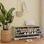 AndMakers Meuble à chaussures blanc antique de 45 cm H x 105 cm L avec 2 tiroirs basculants et une étagère réglable