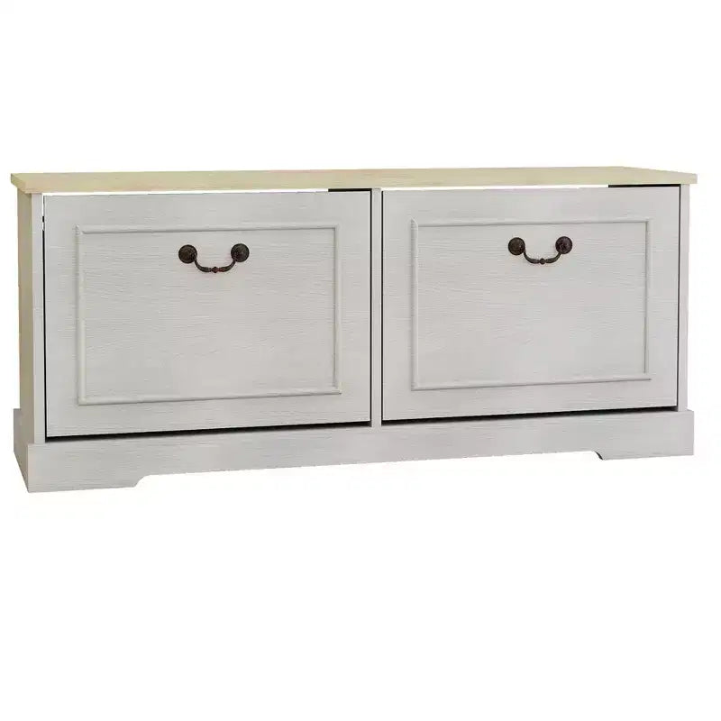 AndMakers Meuble à chaussures blanc antique de 45 cm H x 105 cm L avec 2 tiroirs basculants et une étagère réglable