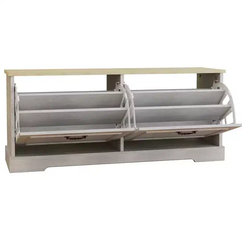 AndMakers Meuble à chaussures blanc antique de 45 cm H x 105 cm L avec 2 tiroirs basculants et une étagère réglable