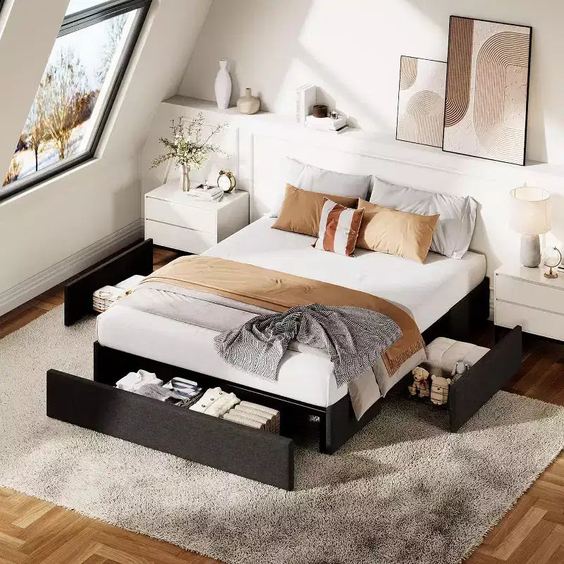 Queen Platform Bed Frame with 3 Storage Drawers  Low Profile, Slatted Base, No Box Spring, Gray
