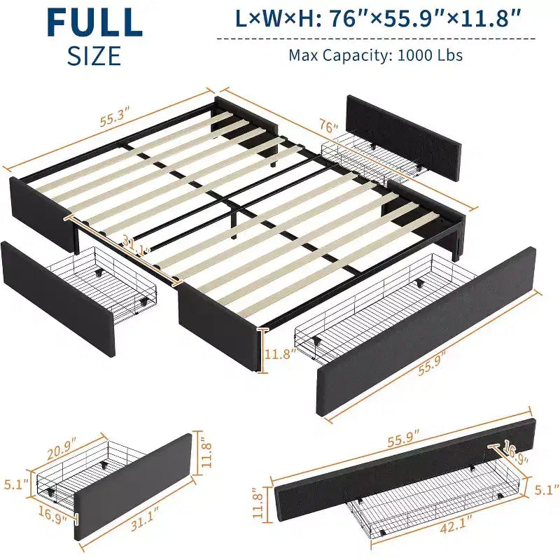 Cadre de lit plateforme Queen avec 3 tiroirs de rangement, profil bas, base à lattes, sans sommier, gris