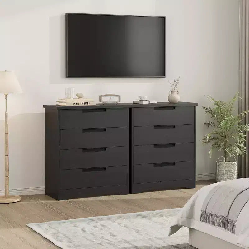 Commode 4 tiroirs pour chambre, table de chevet noire avec poignées intégrées, organiseur en bois pour salon, chambre d'enfant, entrée, placard