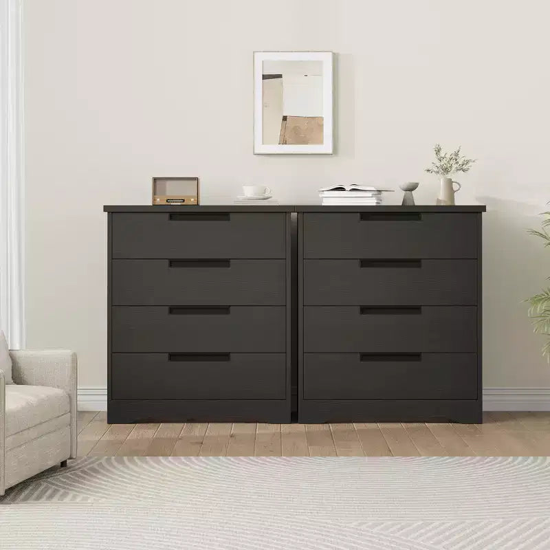 Commode 4 tiroirs pour chambre, table de chevet noire avec poignées intégrées, organiseur en bois pour salon, chambre d'enfant, entrée, placard