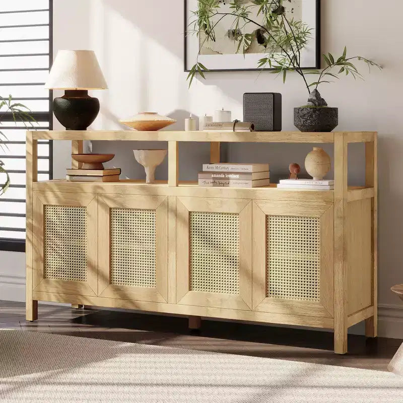 MAYEERTY Buffet en rotin avec cadre en bois massif et étagères réglables à 3 positions pour les salons, couleur naturelle