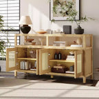 MAYEERTY Buffet en rotin avec cadre en bois massif et étagères réglables à 3 positions pour les salons, couleur naturelle