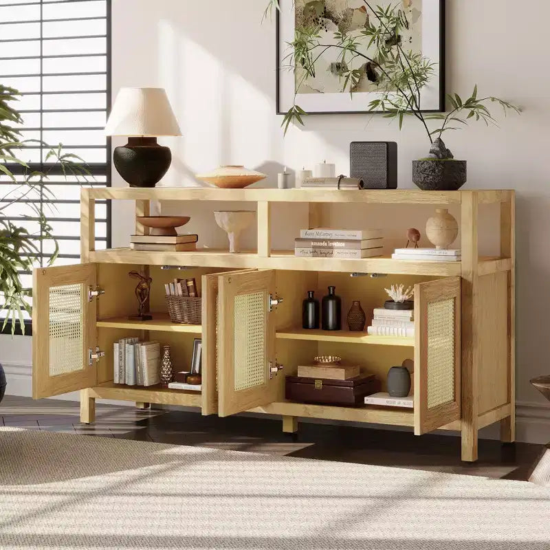 MAYEERTY Buffet en rotin avec cadre en bois massif et étagères réglables à 3 positions pour les salons, couleur naturelle
