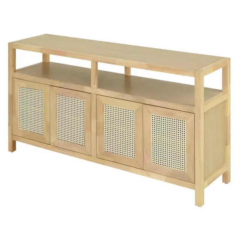 MAYEERTY Buffet en rotin avec cadre en bois massif et étagères réglables à 3 positions pour les salons, couleur naturelle