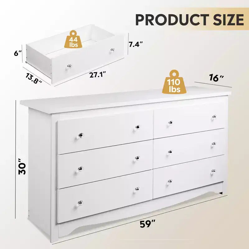 DEXYLLO Commode de Rangement Moderne à 6 Tiroirs, Grande Commode en Bois pour Chambre ou Salon, Meuble de Rangement Long, Armoire Blanche de 150 cm