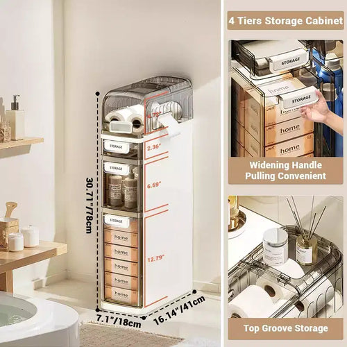 Meuble de salle de bain 7 étagères ultra étroit avec roues et tiroirs - Organisateur de rangement latéral pour toilettes de salle de bain/cuisine (blanc et gris)