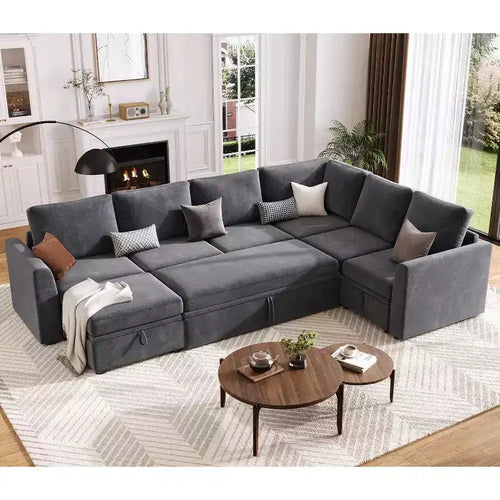 Acekool U-Shaped Chenille Sectional Sofa, Gray | Pull-Out Bed, 6-Piece Set with Ottoman & Hidden Storage | 44 Seat Depth