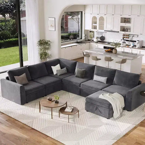 Canapé d'angle en chenille en U Acekool, gris | Lit gigogne, ensemble de 6 pièces avec pouf et rangement caché | Profondeur d'assise de 44 po