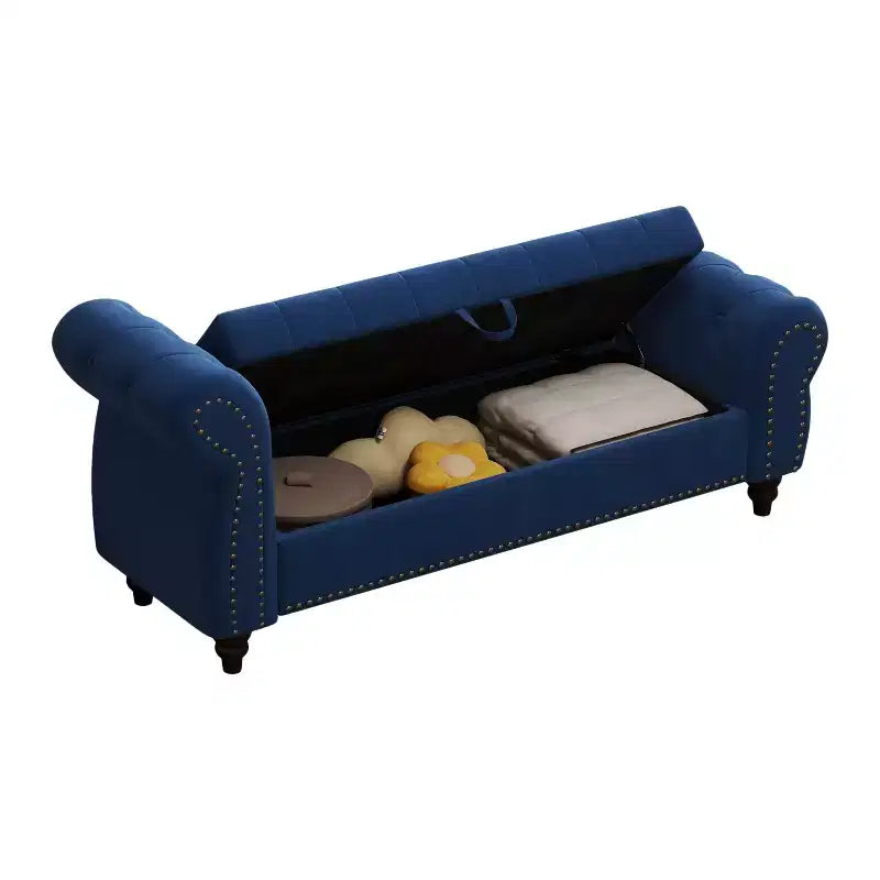 Banc de lit TUYOHW pour chambre à coucher, chaise longue capitonnée avec rangement, banc rembourré, bleu marine