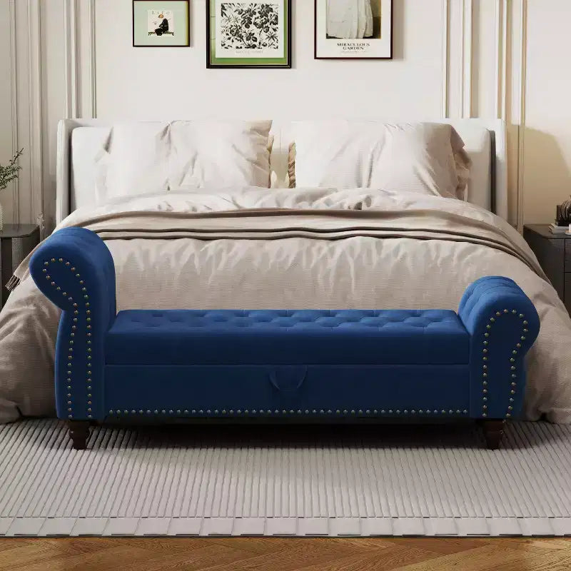 Banc de lit TUYOHW pour chambre à coucher, chaise longue capitonnée avec rangement, banc rembourré, bleu marine
