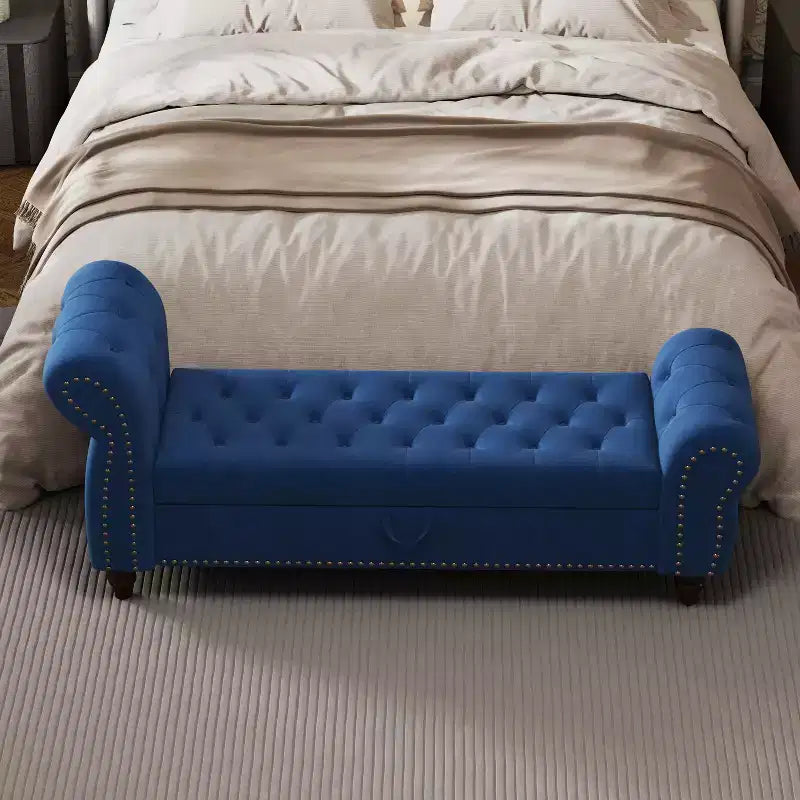 Banc de lit TUYOHW pour chambre à coucher, chaise longue capitonnée avec rangement, banc rembourré, bleu marine