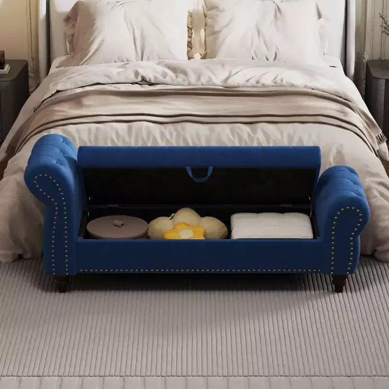 Banc de lit TUYOHW pour chambre à coucher, chaise longue capitonnée avec rangement, banc rembourré, bleu marine
