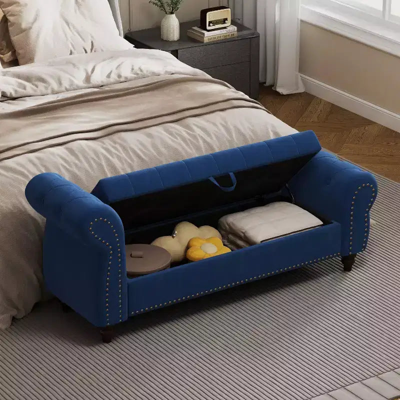Banc de lit TUYOHW pour chambre à coucher, chaise longue capitonnée avec rangement, banc rembourré, bleu marine