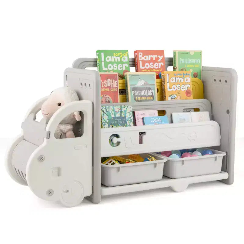 Costway Meuble de Rangement pour Jouets et Bibliothèque pour Enfants à 3 Niveaux avec 2 Boîtes de Rangement Tête de Voiture Décorative