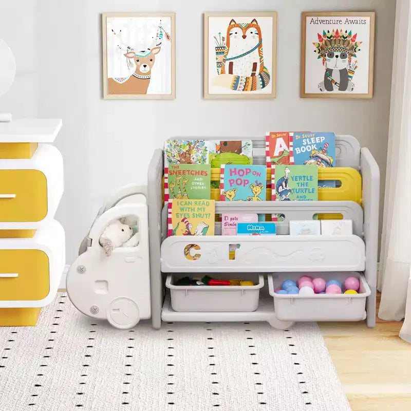 Costway Meuble de Rangement pour Jouets et Bibliothèque pour Enfants à 3 Niveaux avec 2 Boîtes de Rangement Tête de Voiture Décorative