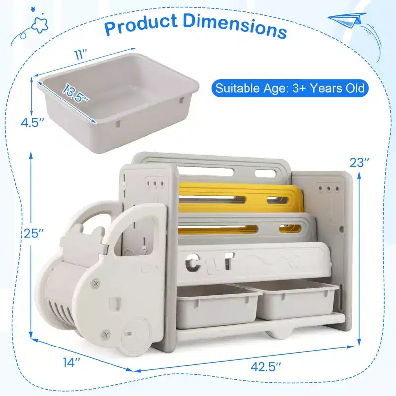 Costway Meuble de Rangement pour Jouets et Bibliothèque pour Enfants à 3 Niveaux avec 2 Boîtes de Rangement Tête de Voiture Décorative