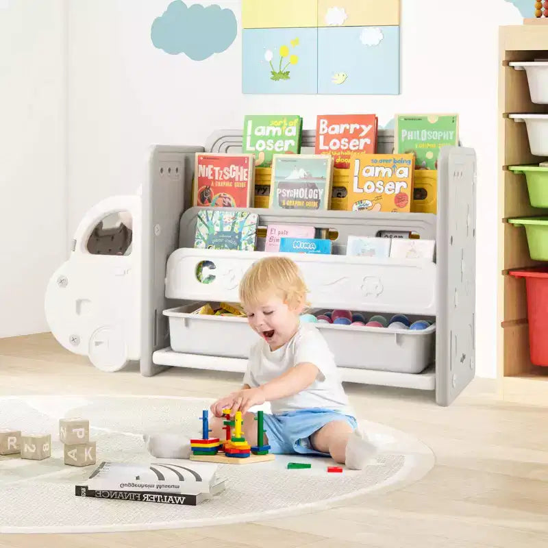 Costway Meuble de Rangement pour Jouets et Bibliothèque pour Enfants à 3 Niveaux avec 2 Boîtes de Rangement Tête de Voiture Décorative
