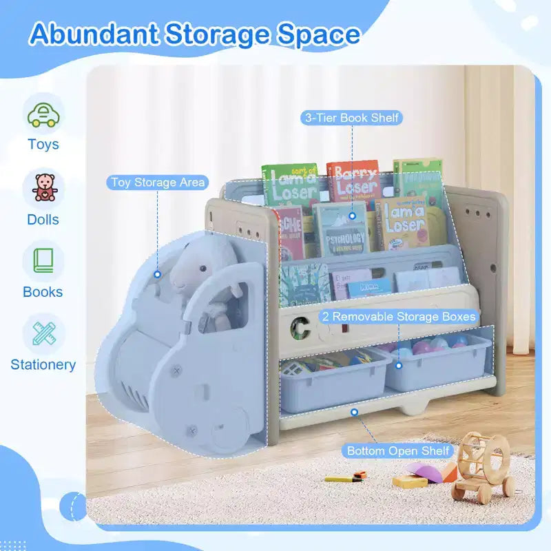 Costway Meuble de Rangement pour Jouets et Bibliothèque pour Enfants à 3 Niveaux avec 2 Boîtes de Rangement Tête de Voiture Décorative