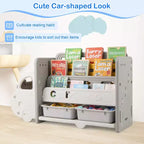Costway Meuble de Rangement pour Jouets et Bibliothèque pour Enfants à 3 Niveaux avec 2 Boîtes de Rangement Tête de Voiture Décorative