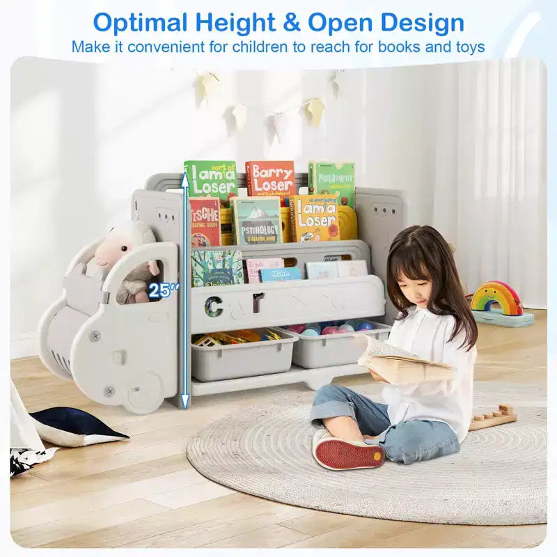 Costway Meuble de Rangement pour Jouets et Bibliothèque pour Enfants à 3 Niveaux avec 2 Boîtes de Rangement Tête de Voiture Décorative