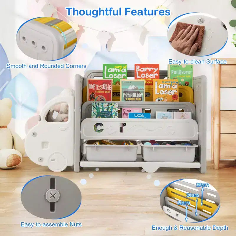 Costway Meuble de Rangement pour Jouets et Bibliothèque pour Enfants à 3 Niveaux avec 2 Boîtes de Rangement Tête de Voiture Décorative
