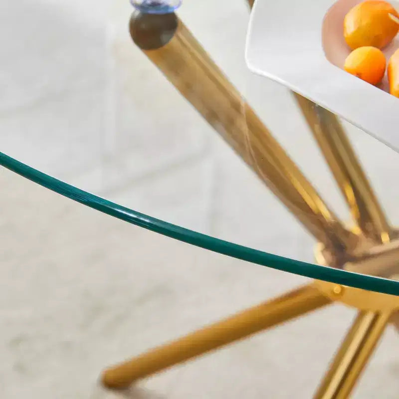 Table à manger ronde Okak moderne en verre trempé pour 4 personnes avec piètement croisé en métal pour salle à manger, salon, bureau, cuisine