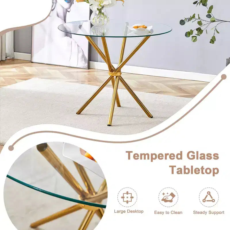 Table à manger ronde Okak moderne en verre trempé pour 4 personnes avec piètement croisé en métal pour salle à manger, salon, bureau, cuisine