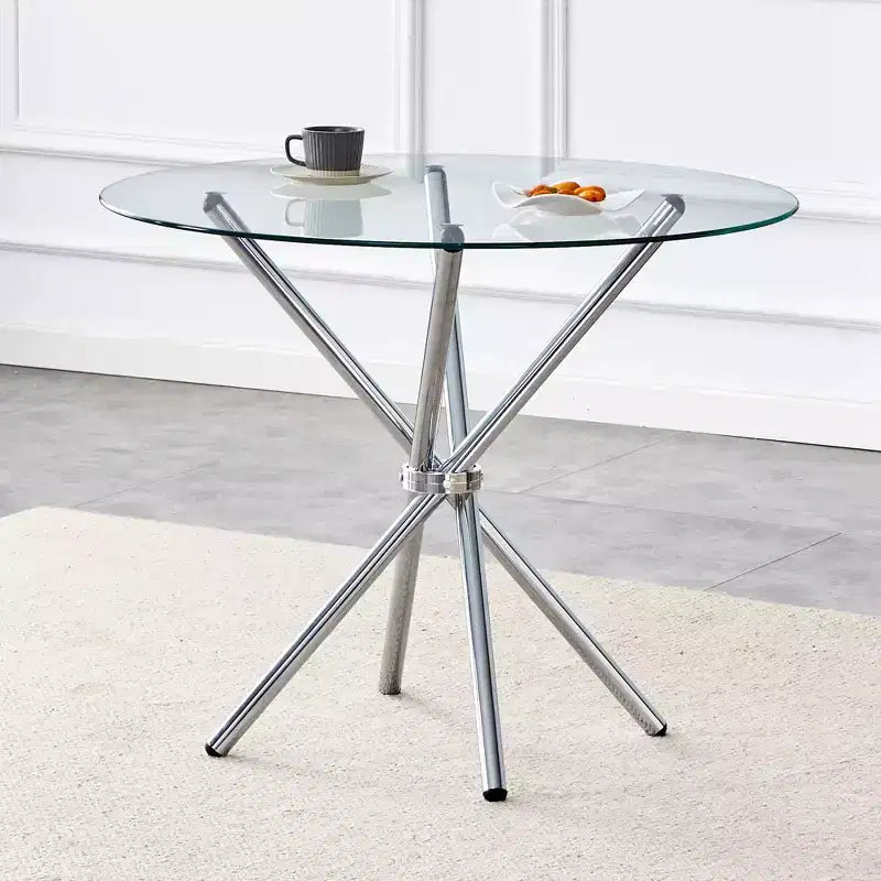 Table à manger ronde Okak moderne en verre trempé pour 4 personnes avec piètement croisé en métal pour salle à manger, salon, bureau, cuisine