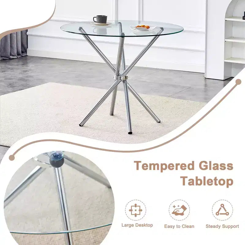 Table à manger ronde Okak moderne en verre trempé pour 4 personnes avec piètement croisé en métal pour salle à manger, salon, bureau, cuisine