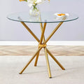 Table à manger ronde Okak moderne en verre trempé pour 4 personnes avec piètement croisé en métal pour salle à manger, salon, bureau, cuisine