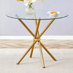 Table à manger ronde Okak moderne en verre trempé pour 4 personnes avec piètement croisé en métal pour salle à manger, salon, bureau, cuisine